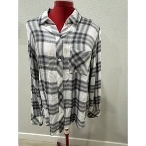 Plaid Flannel Shirt Button Down Long Sleeve Gray White‎ Casual